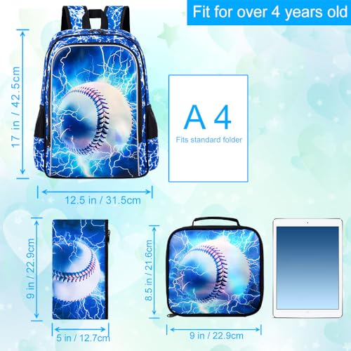 UFNDC 3PCS Boys Baseball Backpack, Kids Lightning School Bag with Lunch Box, 17" Water Resistant Bookbag for Teenagers Elementary Middle4