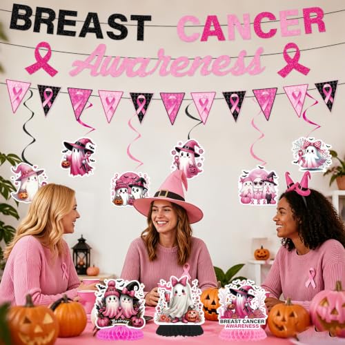 Image of Breast Cancer Awareness Decorations, 12PCS Breast Cancer Awareness Month Party Banner Hanging Swirls Honeycomb Centerpieces Decor Set, Halloween Pink Ribbon Party Supplies for Women
