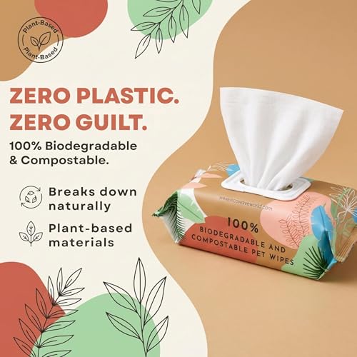 Image of Eco Wave Hypoallergenic Plant-Based Pet Wipes, Dog and Cat Grooming Wipes for Face, Ears, Body, Butt, and Paws, Fragrance Free, Compostable, 400 Count