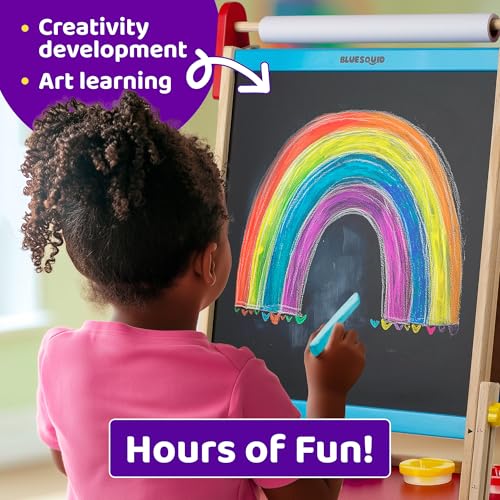 Blue Squid Kinder Staffelei - Höhenverstellbare, Doppelseitige Holz-Staffelei mit Magnetischer Kreidetafel, Whiteboard, Papierrolle, 100+ Zubehör, Ideal für Kinder 3-12 Jahre