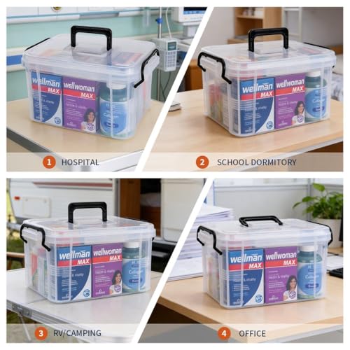 Image of HEY FOLY Set of 2 Clear Medicine Organizer Storage Box with Tray, 15qt+5qt Plastic First Aid Box Empty, Thickened Medicine Container Chest, Multipurpose Medical Case with Labels, Clear Medicine Caddy