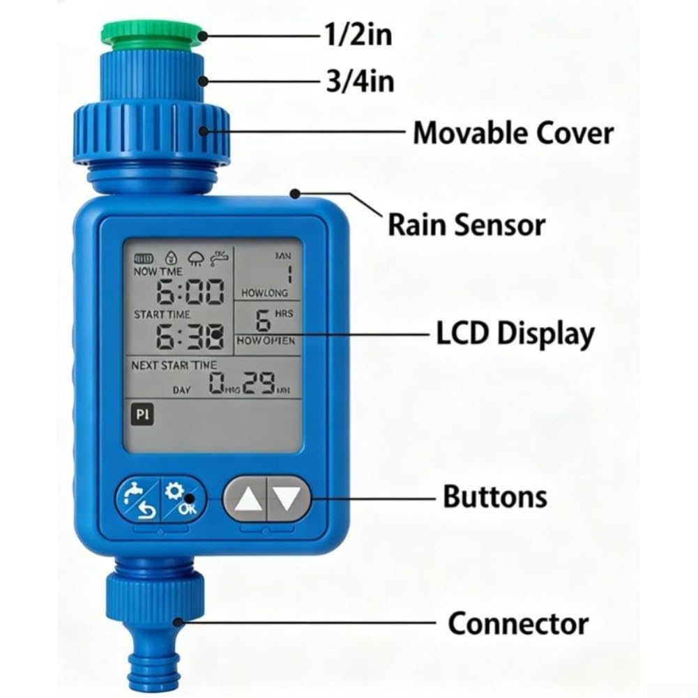 Timer automatico di irrigazione, sensore di pioggia, regolatore di irrigazione con grande schermo LCD, 10 programmi programmabili per rubinetti da giardino