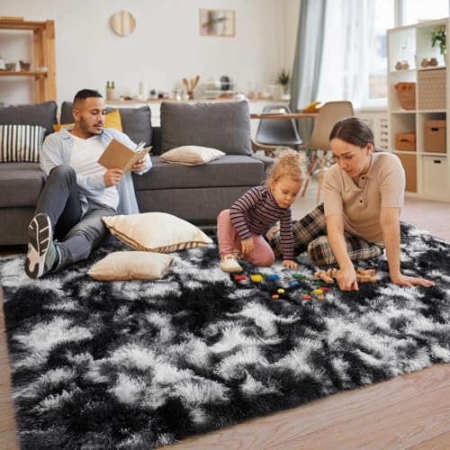 KING DARE Small Throw Rug 2x3 for Bedroom, Soft Non Slip Bedside Rug for Living Room Dorm, Shaggy Plush Carpet Modern Home Decor Aesthetic for Entrance Nursery Kids Room, Black and White