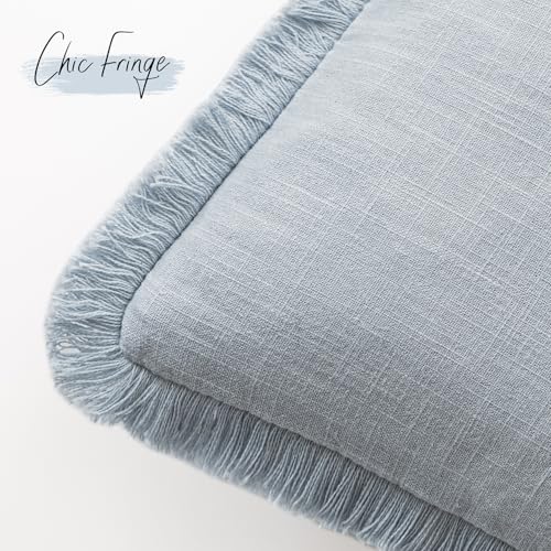 Image of Foindtower Set of 2 Decorative Linen Fringe Throw Pillow Covers Boho Farmhouse Cushion Cover with Tassels Soft Accent Pillowcase for Couch Chair Sofa Bed Living Room Home Decor,24x24 Inch,Sky Blue