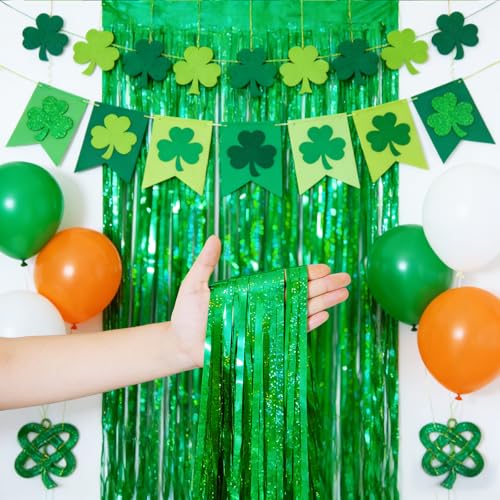 Image of 4 Pack Tinsel Backdrop 12.8x8.2 Green St Patricks Day Party Decorations, Metallic Backdrop Curtains Tinsel Curtains Streamer Backdrop, Party Supplies Wall Decor for Green Birthday Decorations