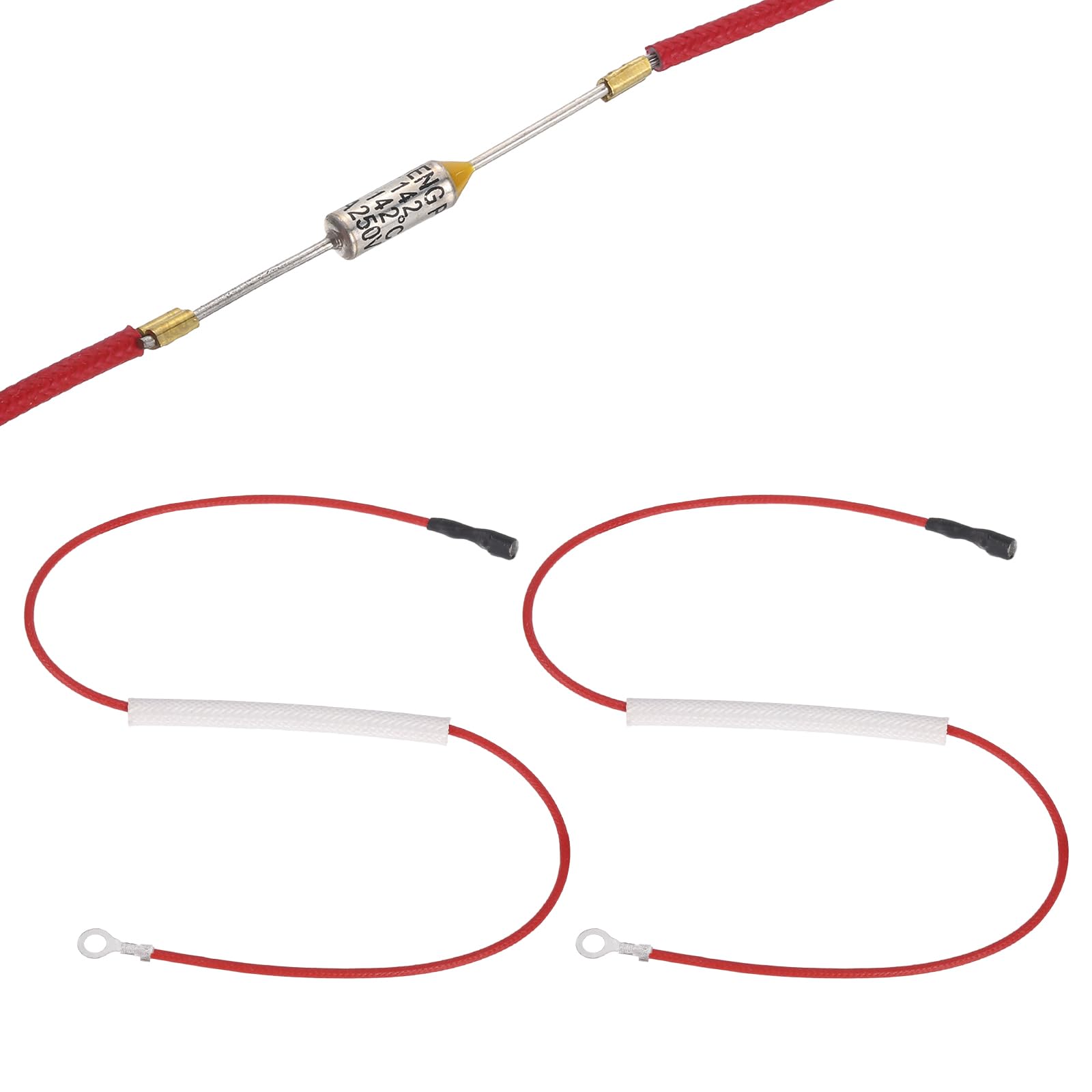 sourcing map 2Pcs Universal Rice Cooker Temperature Fuse, 142°C 10A 250V Metal Thermal Fuse with Terminal and Ring Terminal Fiberglass Sleeving for Electric Pressure Cooker Repair Part
