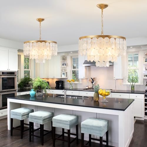 HLMRCHEN Shell Chandelier, White and Gold Chandelier Light Fixture with 4 Lights Capiz Seashell Pendant for Foyer,Kitchen Island,Entryway,Dining Room (18" Coastal Chandeliers) - Image 4