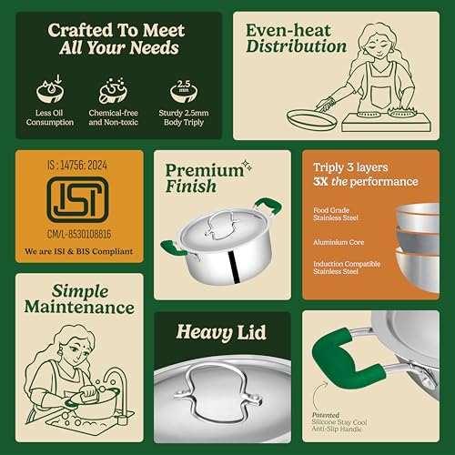 Image of Zira Triply Stainless Steel Casserole | Biryani Pot with Lid 22cm 4.0L | Fire Proof, Stay Cool Silicone Handle | Biryani Pot Heavy Bottom | Induction & Gas Friendly Triply Cookware| 10 Year Warranty