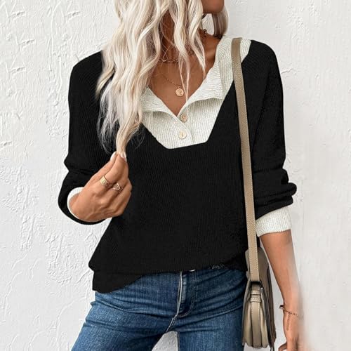 YGSIKY Sweat-Shirts pour Femmes, décontractés, Manches Longues, boutonnés, col en V, Pull en Tricot contrasté Tendance, Sweat-Shirt Patchwork à col en V (Black,Grand) – vue 6