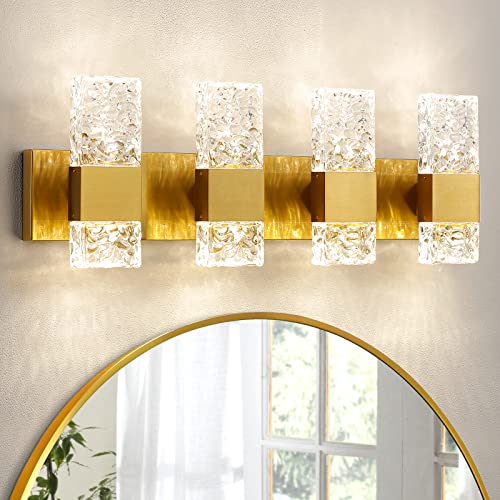 Epinl Gold Bathroom Vanity Light Fixtures Bathroom Light Fixtures Over Mirror 4-Light 4000K Led Crystal Wall Sconces Modern 40W Brushed Hardwired Wall Lights For Bathroom Bedroom Living Room #TOP5
