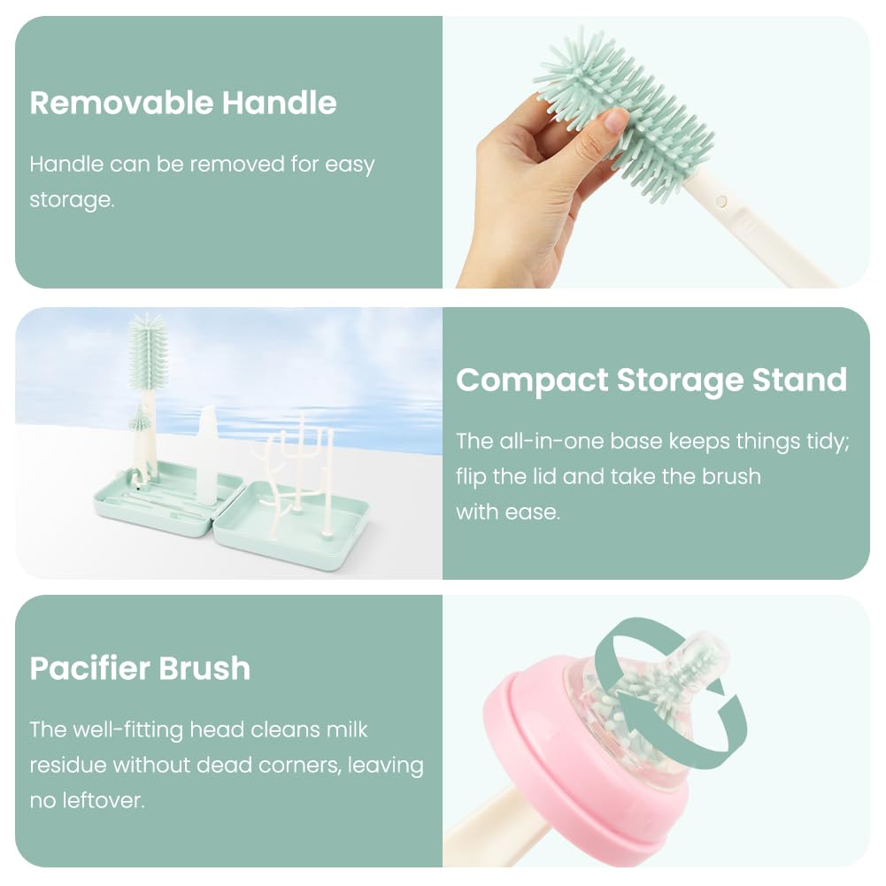 Vicloon 6 in 1 Spazzole per biberon, set da viaggio con spazzola in silicone per biberon/tettarella/cannuccia, dispenser di sapone, stendibiancheria, articoli essenziali da viaggio per neonati (Blu)