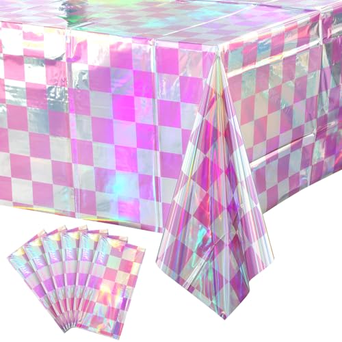 Image of 6 Pack Pink and Iridescent Checkered Plastic Tablecloth, Shiny Disposable Laser Rectangle Table Covers, Holographic Foil Tablecloth Iridescent Party Decorations for Picnic Camping Outdoor, 54x108Inch