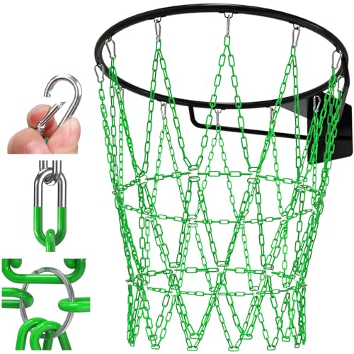 Insaga Chain Basketball Net Heavy Duty Metal - 19'' Basketball Chain Net for Hoop Outdoor Indoor Replacement, Rustproof Steel Chain Net for Standard 12-Loop Rim, Easy to Install, Green