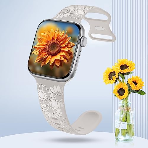 Image of Sunflower Engraved Band Compatible with Apple Watch Bands 38mm 40mm 41mm 42mm 44mm 45mm 49mm Women, Designer Soft Glossy Floral Silicone Strap for iWatch Series Ultra 11 10 9 8 7 6 SE 5 4 3 2 1