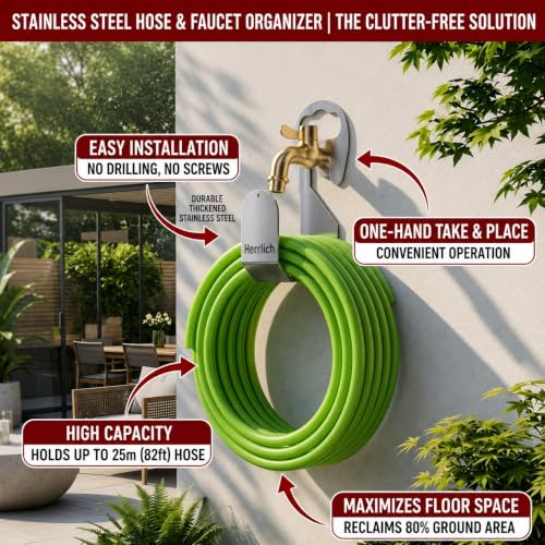 Image of Herrlich Homes 304 Stainless Steel Garden Hose Holder | Wall Mounted Hose Pipe Hanger with Hand Grip | Heavy Duty Rustproof Hose Organizer