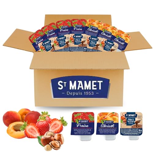 St MAMET | Assortiment de 55 Barquettes Individuelles de Confiture de Fraise & Abricot & Pâte à tartiner Noisette | Pratique à emporter, idéal pour la...