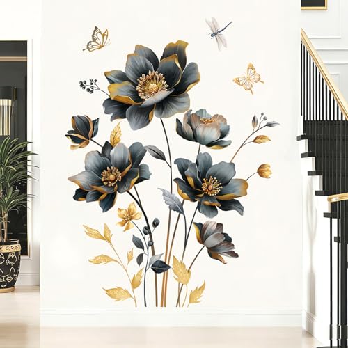 wondever Wandtattoo Blumen Schwarz Goldene Groß Wandaufkleber Blätter Gold Blüten Schmetterling Wandsticker Wanddeko für Wohnzimmer Schlafzimmer Sofa Hintergrund