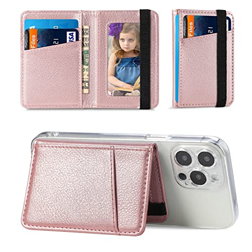 Topfunny Phone Wallet Stick On For Phone Case, Credit Card Holder For Back Of Phone Cases Flip Leather Wallet Sleeve Pouch Compatible With Iphone, Samsung Galaxy Android Most Smartphones Rose Gold #TOP1