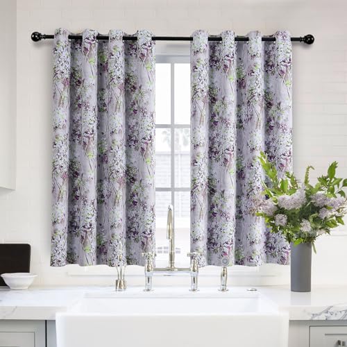 MYSKY HOME Purple Curtains 54 Inch Length Curtains for Living Room Bathroom Thermal Insulated Vintage Floral Curtain Window Panels 2 Panels, Grommet Top