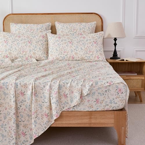 Image of FADFAY Full Muslin Cotton Multicolor Floral Sheet Set, Soft Breathable Lightweight Sheets for Dorm, Kids Room or Guest Bed with Fitted Sheet, Flat Sheet & Pillowcases