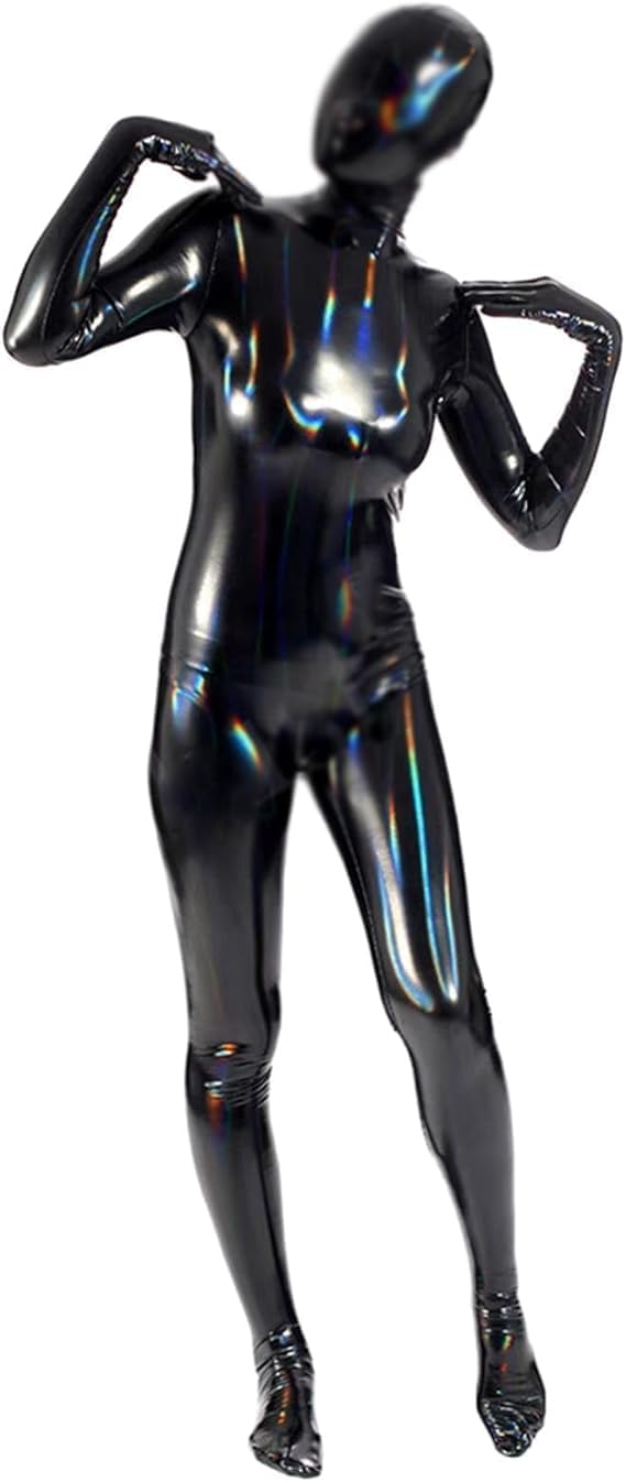 Men's Synthetic Latex Wetlook Bodysuit Full Body Handmade Back with Zipper Catsuit Jumpsuit Attached Hood Gloves