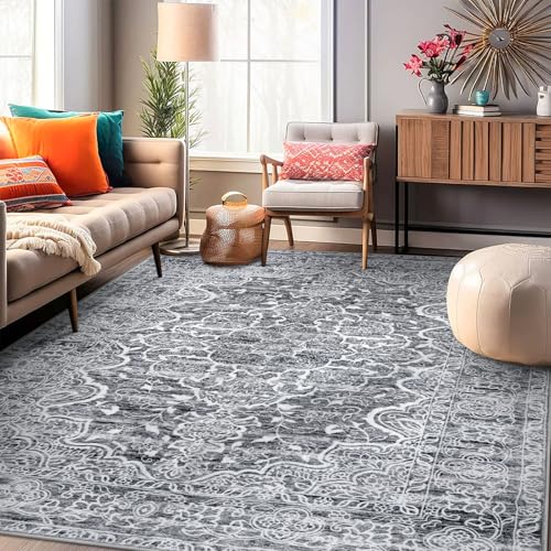 KUTA Vintage Area Rugs for Living Room 8x10 Grey White, Washable Large Rug for Bedroom 8ft x 10ft Non-Slip, Ultra Soft Printed Floral Dining Room Low-Pile Wool Carpet