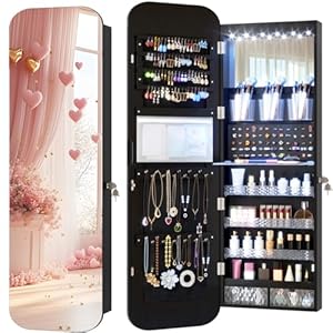 Vlsrka LED Ovaler Schmuckschrank Hängend, Türspiegel/Wandspiegel Schmuckschränk, Schmuckschrank mit Spiegel & Beleuchtung, Schmuckspielgelschrank Holz Abschließbarer, Gewölbter Spiegelschrank, Schwarz