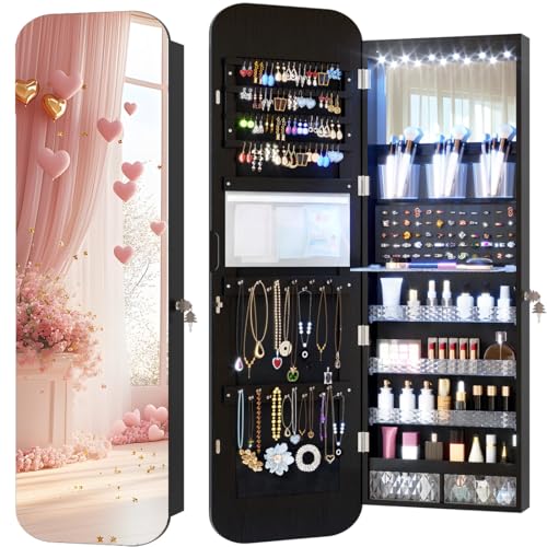 Vlsrka Oval Armario Joyero con Luz, LED Armario Espejo Joyero de pared, Espejo joyeros de puerta con Cerradura, Armario Espejo colgante Con luces, Ovalado Espejo joyeros, Regalo Mujere, Negro