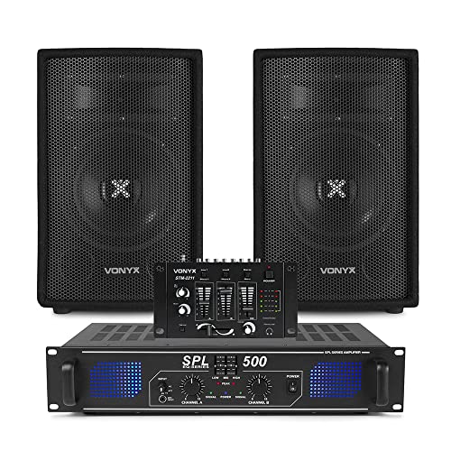 Vonyx SL8 Home DJ Setup - Beginner Bedroom PA System with 8-Inch Passive Speakers, 500W Amplifier, 4-Channel Mixer, Crossfader & Cables, DJ Amplifier and Speaker Package