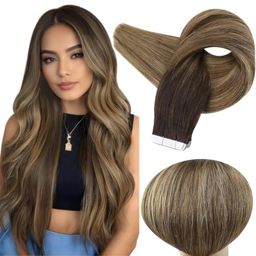 Image of Full Shine Tape in extensions 22Inch Tape ins Human Hair extensions 50Gram Color 2 Dark Brown Ombre 27 Caramel Blonde And 3 Brown Invisible Human Hair Straight Skin Weft 20Pcs Seamless Remy Extension