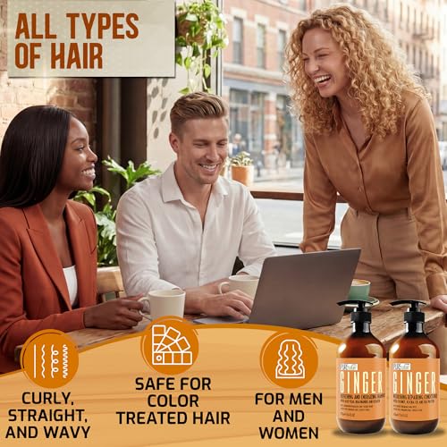 Image of Ginger Shampoo and Conditioner Set - Sulfate Free, Zero Paraben Blend - Scalp Stimulating Treatment - Anti Itch, Volumizing, Salon Strengthening - Repair Hair for Women and Men - 16 Fl Oz (Set of 2)