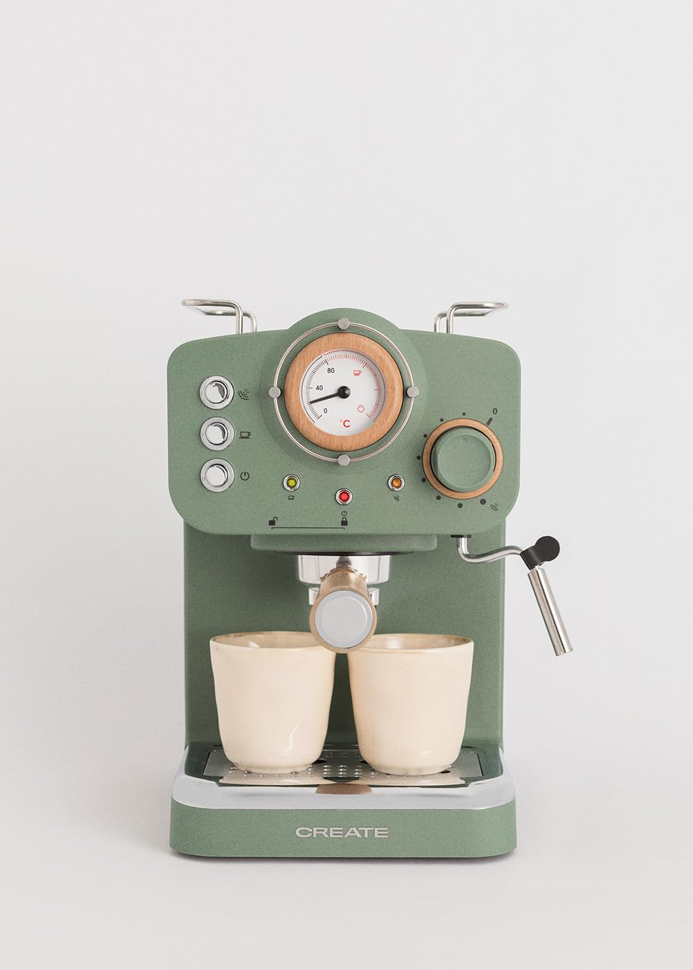 CREATE / THERA RETRO/Cafetière express semi-automatique vert sauge et bois / 20 bar, bras à double écoulement, réservoir 1,25L, café moulu et monodose ESE 55mm, avec steamer, 1100W