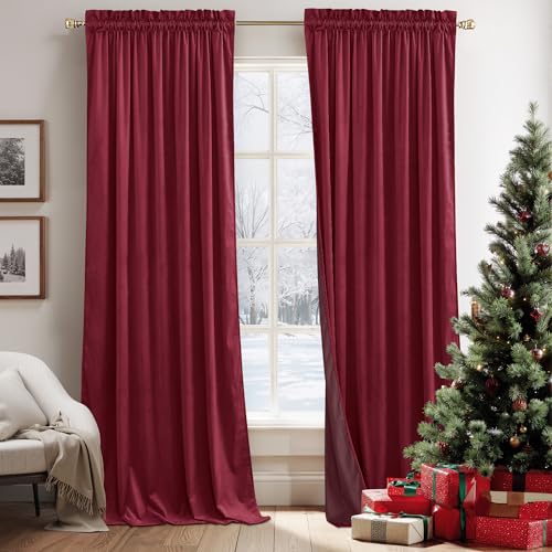 Image of RYB HOME Burgundy Red Velvet Curtains 96 inches for Bedroom Living Room | Thermal Insulated, Privacy UV Block, Back Tab, Backdrapes for Movie Theater Stage Christmas, W52 x L96, 2 Panels