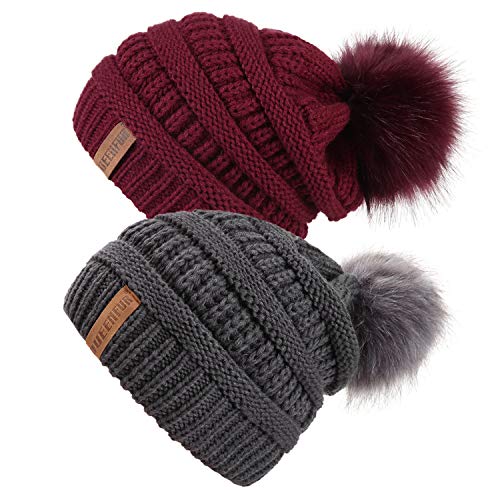 QUEENFUR Women Knit Slouchy Beanie Chunky Baggy Hat with Faux Fur Pompom Winter Soft Warm Ski Cap