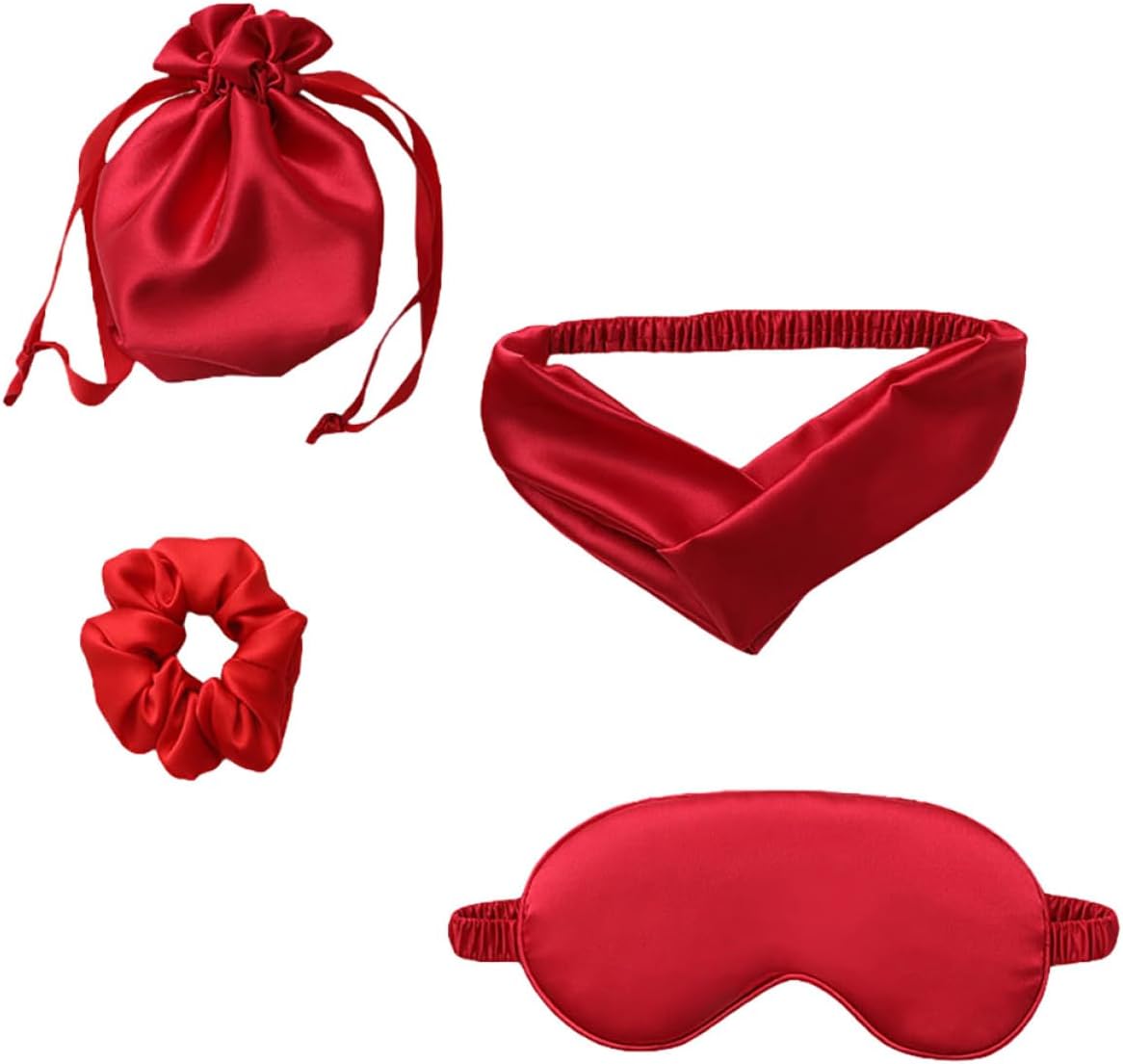 Silk Sleep Mask Set 4pcs with Hair Tie and Travel Pouch, Red Artificial Silk Eye Mask for Sleeping, Multipurpose Sleep Patch for Night Use and Travel