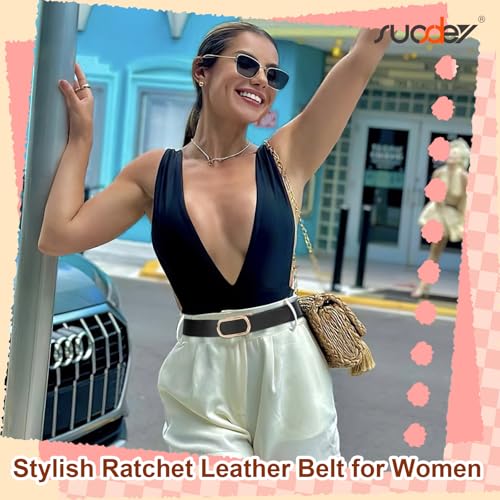 SUOSDEY Women Leather Ratchet Belt for Jeans Pants with Gold Automatic Sliding Buckle,Ladies Dress Belt,Width 1.2"2
