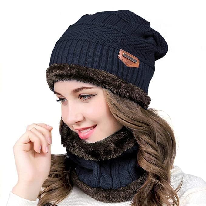 Winter Knit Beanie Hat and Neck Warmer Set, Navy Blue Woolen Cap with Faux Fur Lining, Thermal Wear for Men and Women, Windproof Breathable Design-image-27