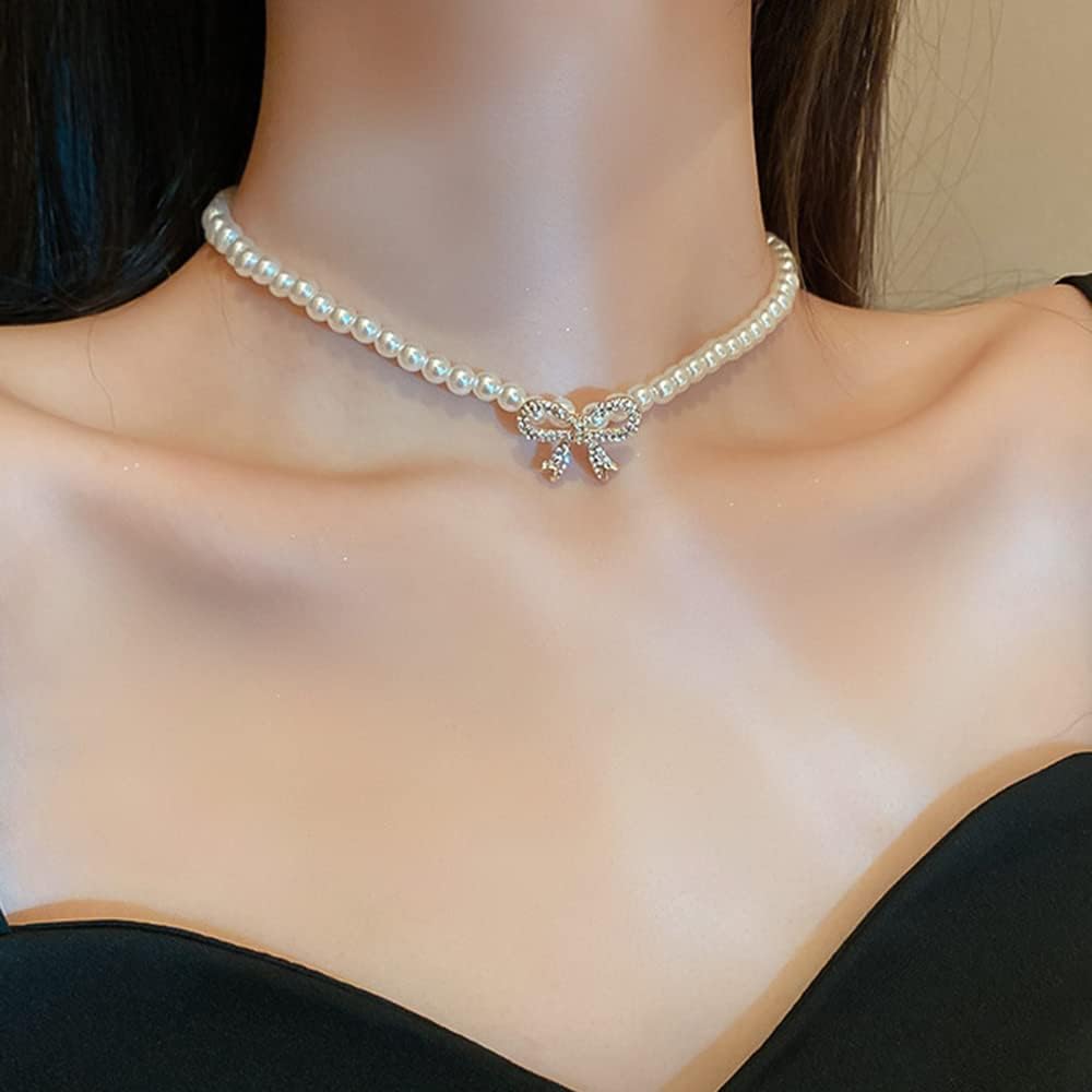 Wiwpar Boho Butterfly Choker Pearl Necklace Crystal Silver Rhinestone Bow Butterfly Pendant Necklace for Women Wedding Birthday - Image 2