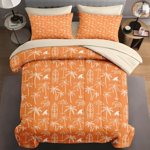 WeCozy 5 Pcs Twin Size Comforter Set with Pillowcase & Sham, Boho Palm Tree Beach Bedding for Kids and Adults, Summer Hawaiian Tropical Leaf Bed in a Bag with Flat Fitted Sheet