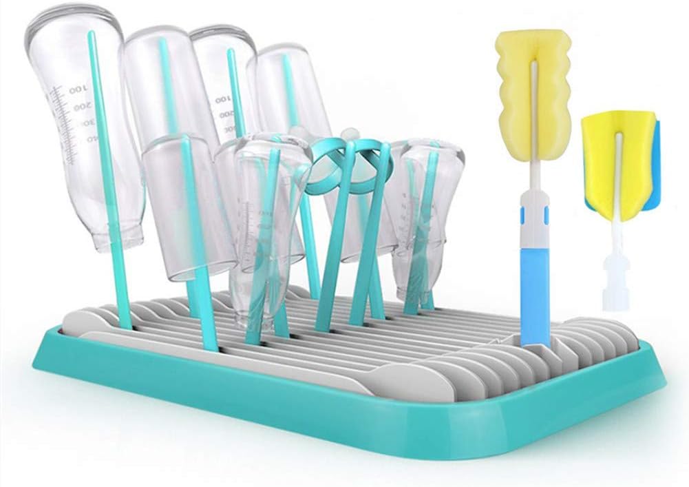 Foldable Large Bottle Drying Rack Baby Feeding Dryer Rack Bottle Tree Holder Countertop Storage with Cleaning Brushes Gift for New Moms-Green
