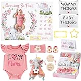 Baby Girl Gifts, Baby Shower Gifts for Girls, New Mom Gifts Baby Girl Gift Baskets Elephant Baby Milestone Blanket Mommy and Baby Canvas Pouch Set Pregnancy Gifts for Women and Baby