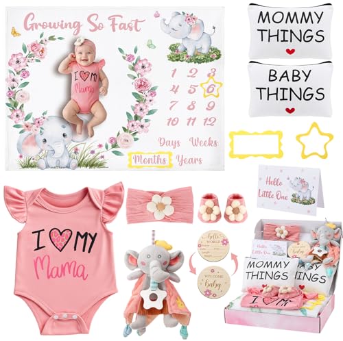 Baby Girl Gifts, Baby Shower Gifts for Girls, New Mom Gifts Baby Girl Gift Baskets Elephant Baby Milestone Blanket Mommy and Baby Canvas Pouch Set...