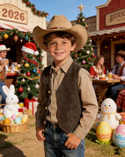 Image of Retro Boys Western Cowboy Vest for Kids Leather Suede Waistcoat | vintage dress vests, welt pockets, v-neck, adjustable waist, formal slim fit, wedding outfit, farm christmas birthday prom