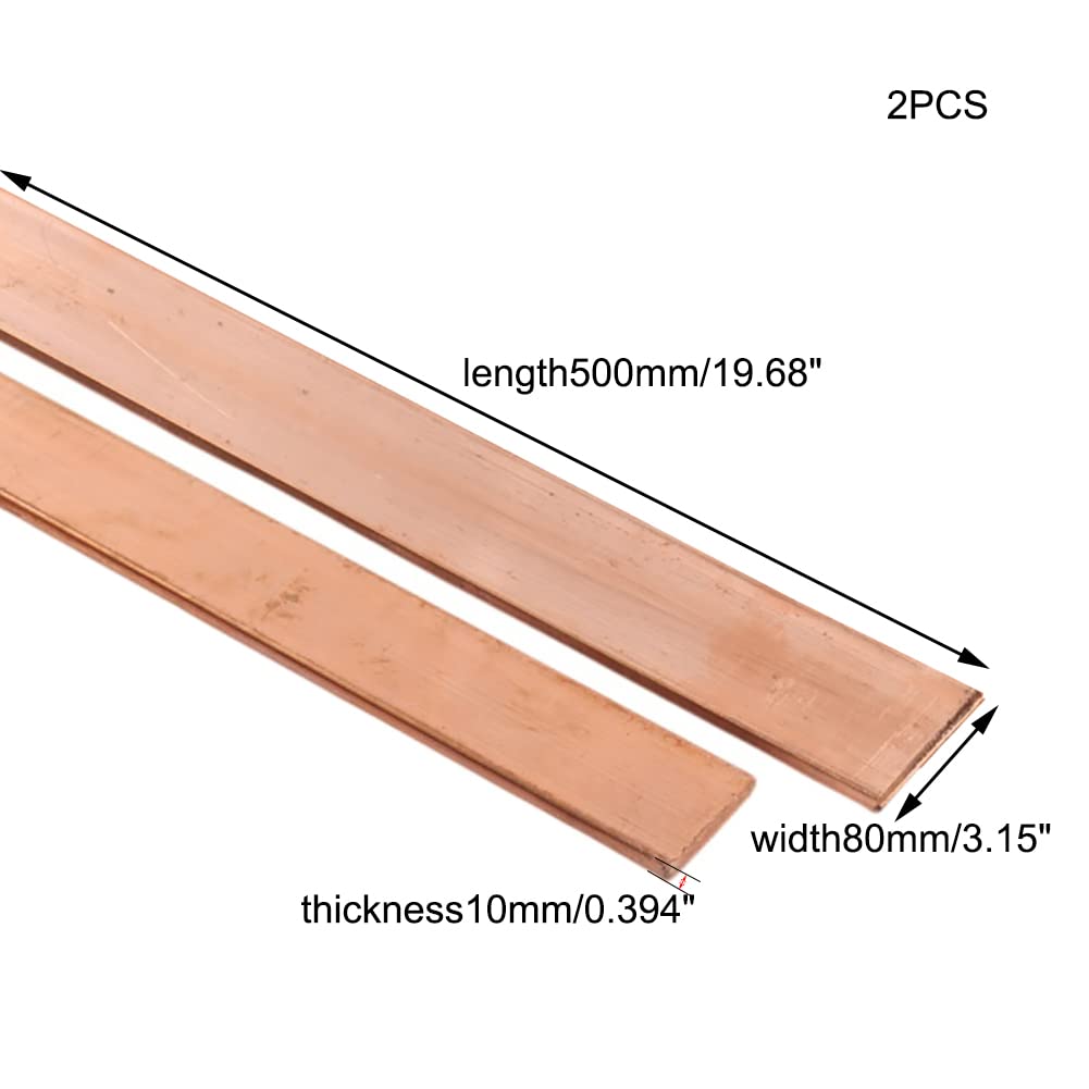 Barra plana de cobre, placa de cobre rectangular, Barra plana de cobre puro Barra colectora de cobre Cuadrado rectangular T2 Alta pureza 99,9% Espesor de la varilla de de cobre 10 mm Longitud 500 mm 2