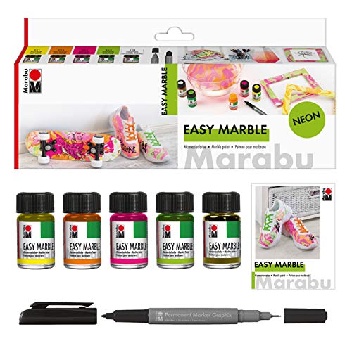Marabu 1305000000080 - Easy Marble Neon Set 5 Farben + Permanent Marker Marmorierfarbe zum kinderleichten Tauchmarmorieren von Kunststoff Glas Holz Styropor und flächigen Marmorieren von Papier