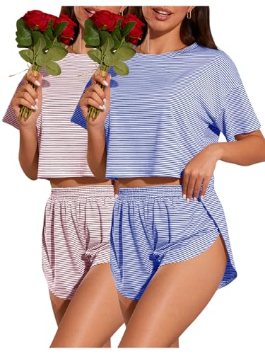 Image of OYOANGLE 2 Pack Pajama for Woman Set Summer Cute PJ Sets Striped Short Sleeve Tshirt and Split Shorts Lounge Set