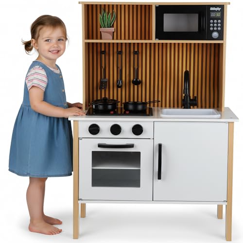 Kinderküche aus Holz mit Licht & Sound – Spielküche mit Zubehör, Herd, Backofen, Spüle, Mikrowelle – Moderne Holzküche für Kinder ab 3 Jahren, GS0070