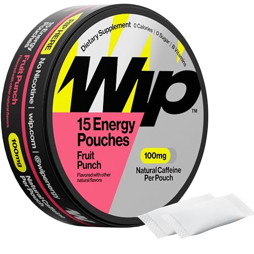 Image of Wip Energy Pouches, Sugar Free Blend with 100 MG Natural Caffeine, B Vitamins, Minerals & L Theanine for Energy Support, Pre Workout for Active Lifestyles, Fruit Punch, 1 Can, 15 Pouches