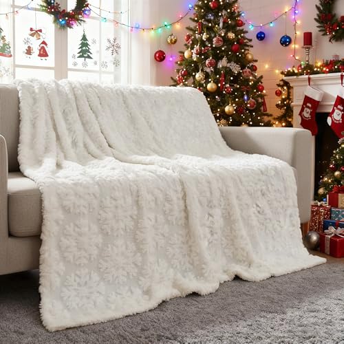 Christmas Decorations Throw Blanket for Couch 50x60 White 3D Embroidered Snowflake Christmas Blankets Soft Cozy Faux Fur Flannel Blanket Warm Blanket for Sofa Bed Living Room Holiday Decor Gifts