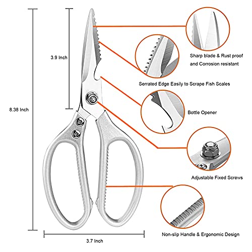 Lonjyi Multi Function Kitchen Scissors, Heavy Duty Stainless Steel Shears With Ultra Sharp Blades, Left Right Handed Scissors Use For Chicken, Meat, Seafood, Vegetables, Bbq, Bottle Opener, Silver #TOP1